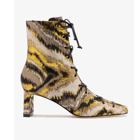 Larroude Shoes - Larroudé x Markarian Alexis Boot In Floral Embroidery Gold Fabric
